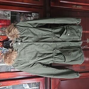H&M OLIVE GREEN FLEECE-LINED HOODED COAT
